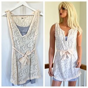 FREE PEOPLE Cream Eyelet Blue Liner Dress